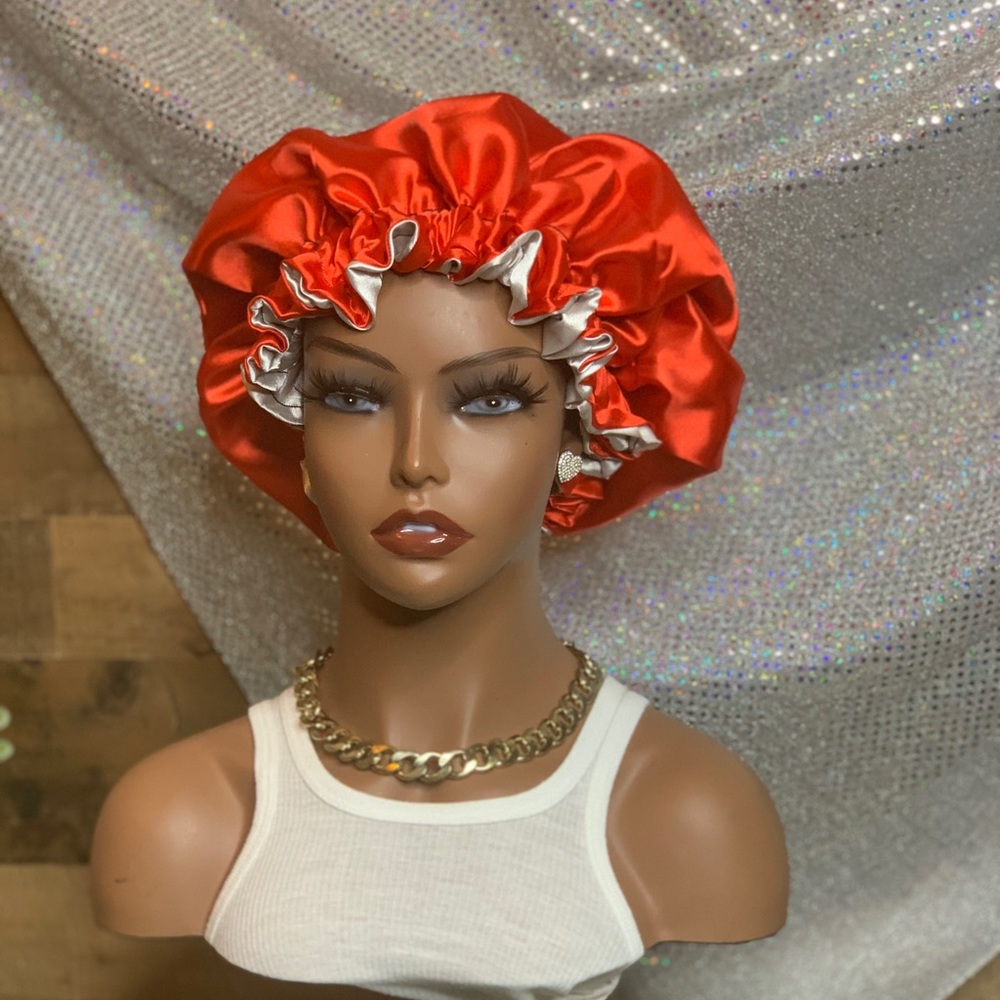 Satin hair bonnets reversible red & gray